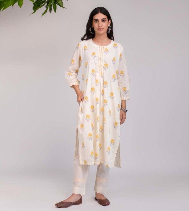 prakriti jaipur multi-color phool mandi white yellow flower kurta