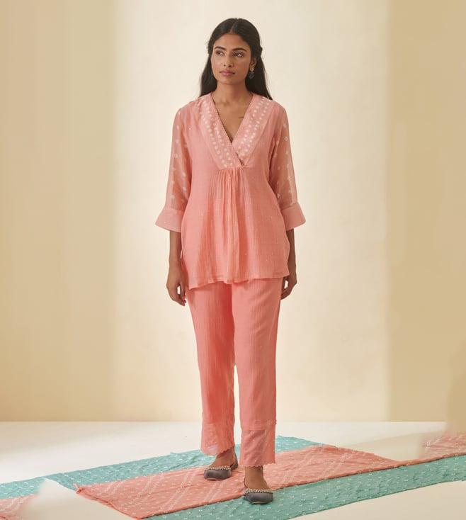 prakriti jaipur peach bandhej bandhani v-neck shirt