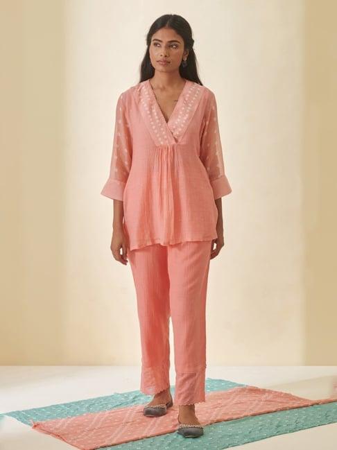 prakriti jaipur peach bandhej bandhani v-neck shirt