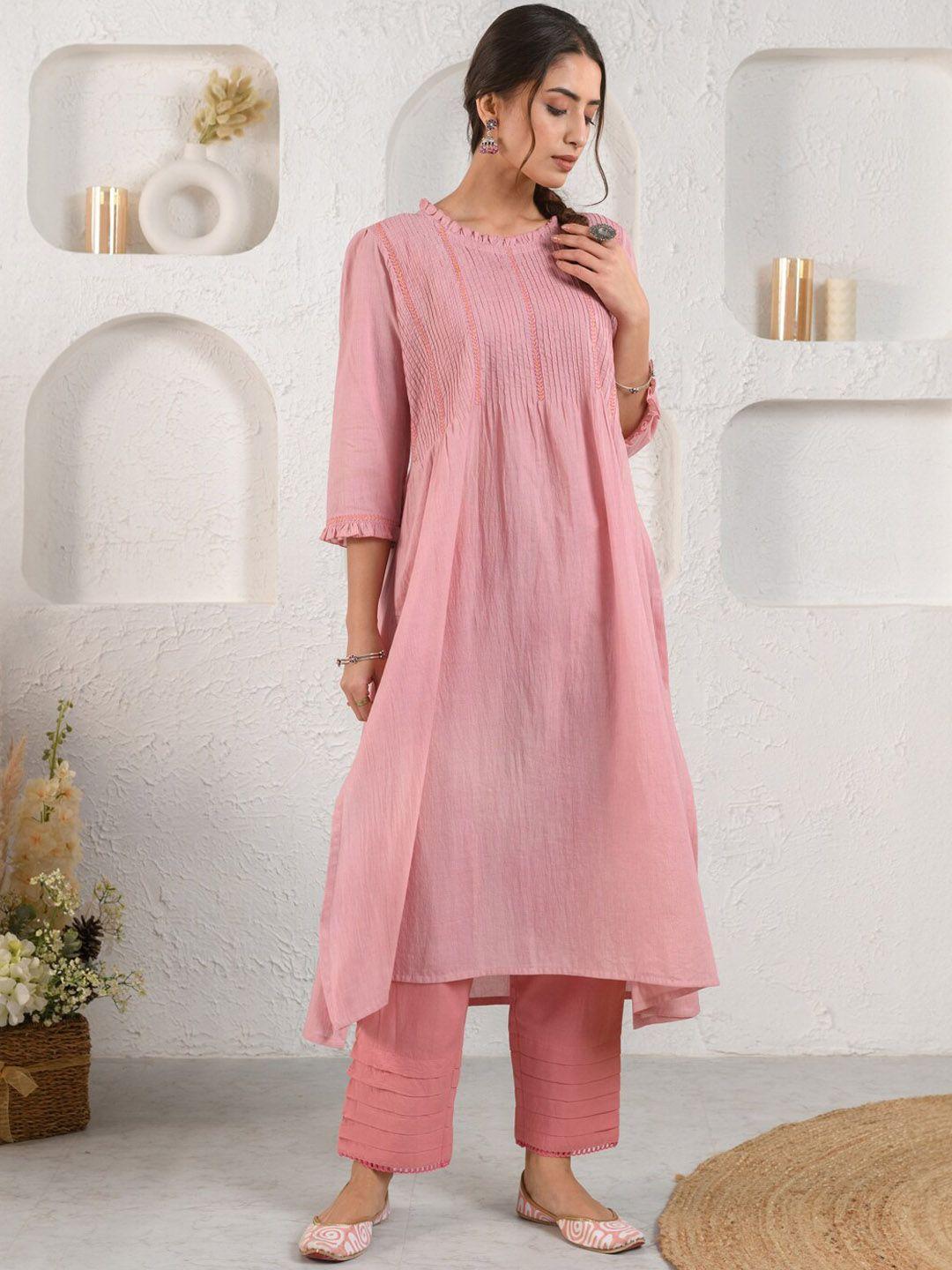 prakriti jaipur round neck pastels cotton pleated a-line kurta