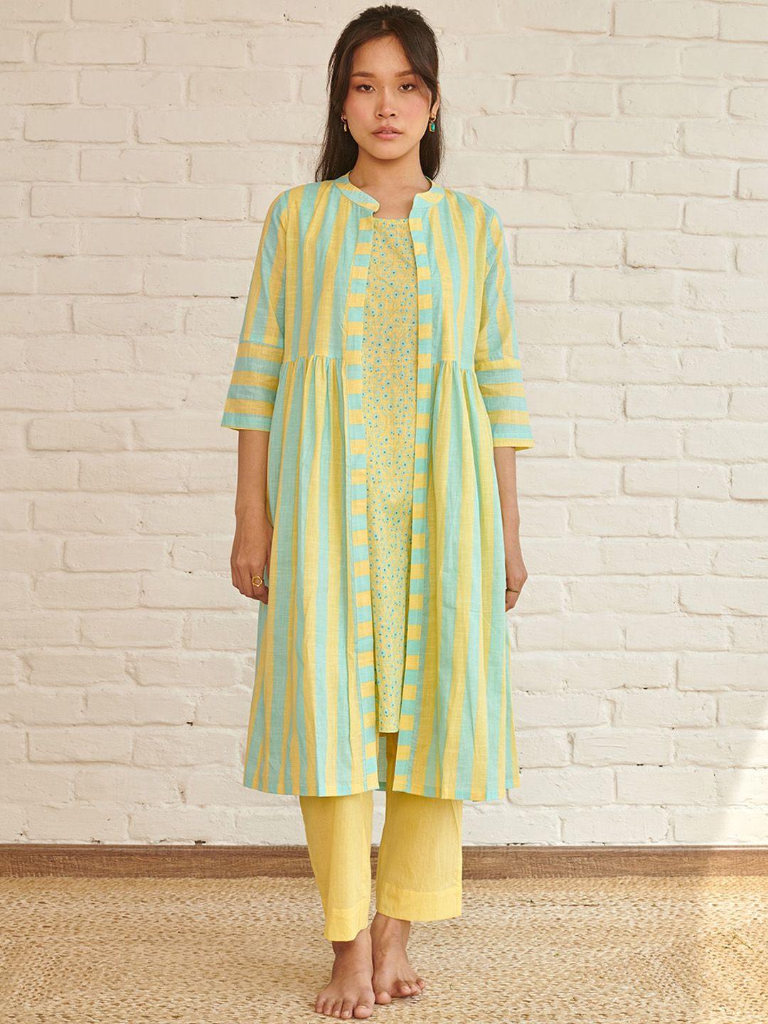 prakriti jaipur striped printed band collar cotton panelled a-line kurta with jacket