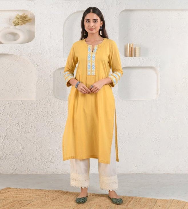 prakriti jaipur yellow embroidered dobby kurta