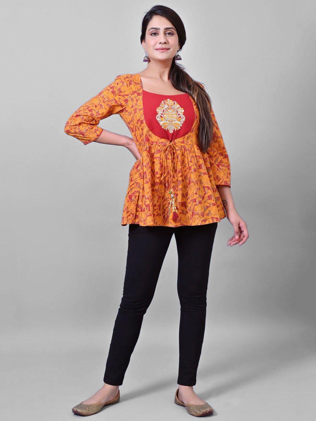 prakrtee mustard yellow printed pure cotton embroidered empire top