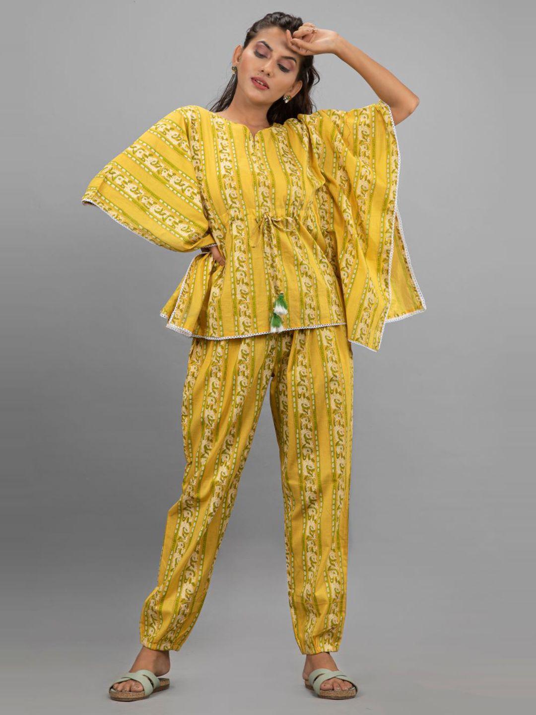 prakrtee women yellow & green printed pure cotton night suit