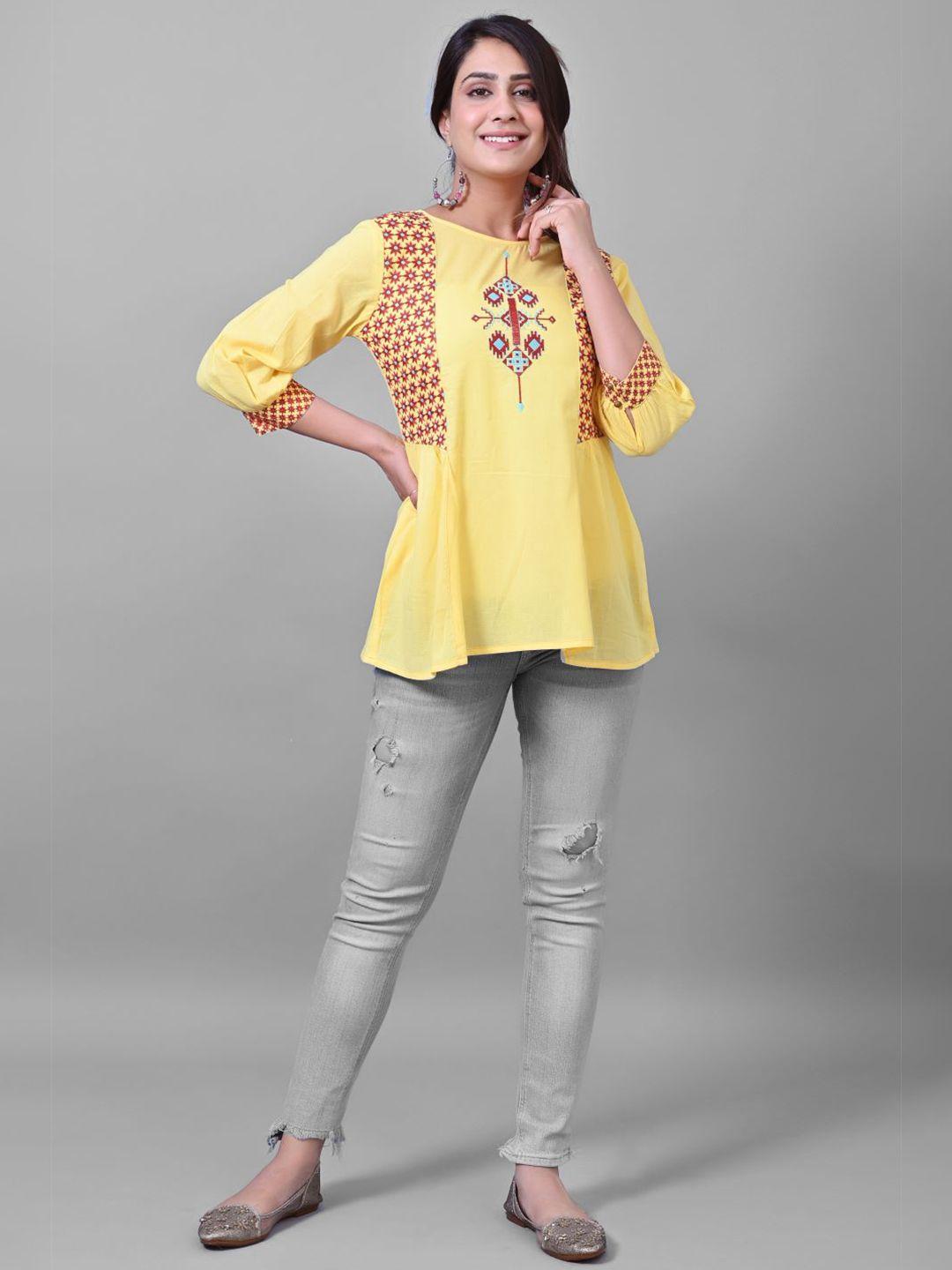 prakrtee women yellow embroidered round neck pure cotton top