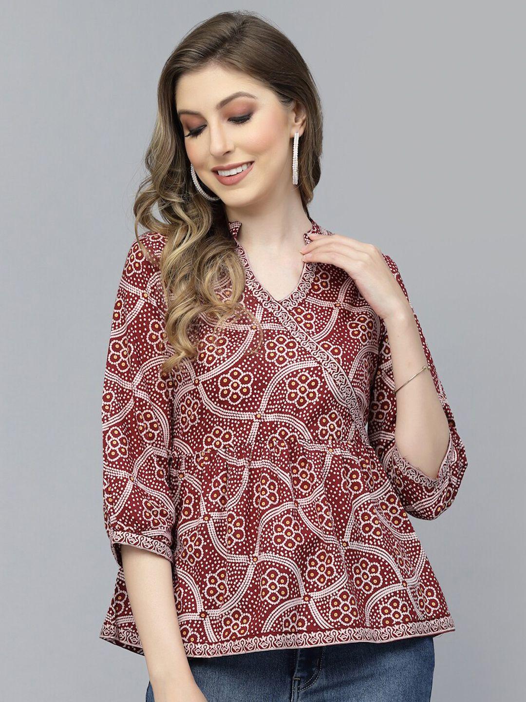 prakrtee maroon print mandarin collar styled back top