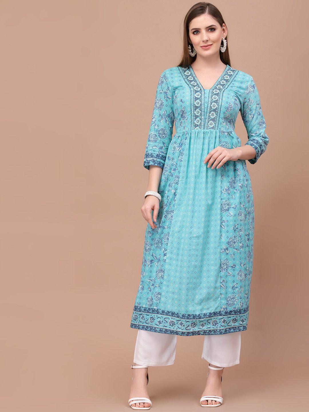 prakrtee women's turquoise blue geometric printed thread work kurta