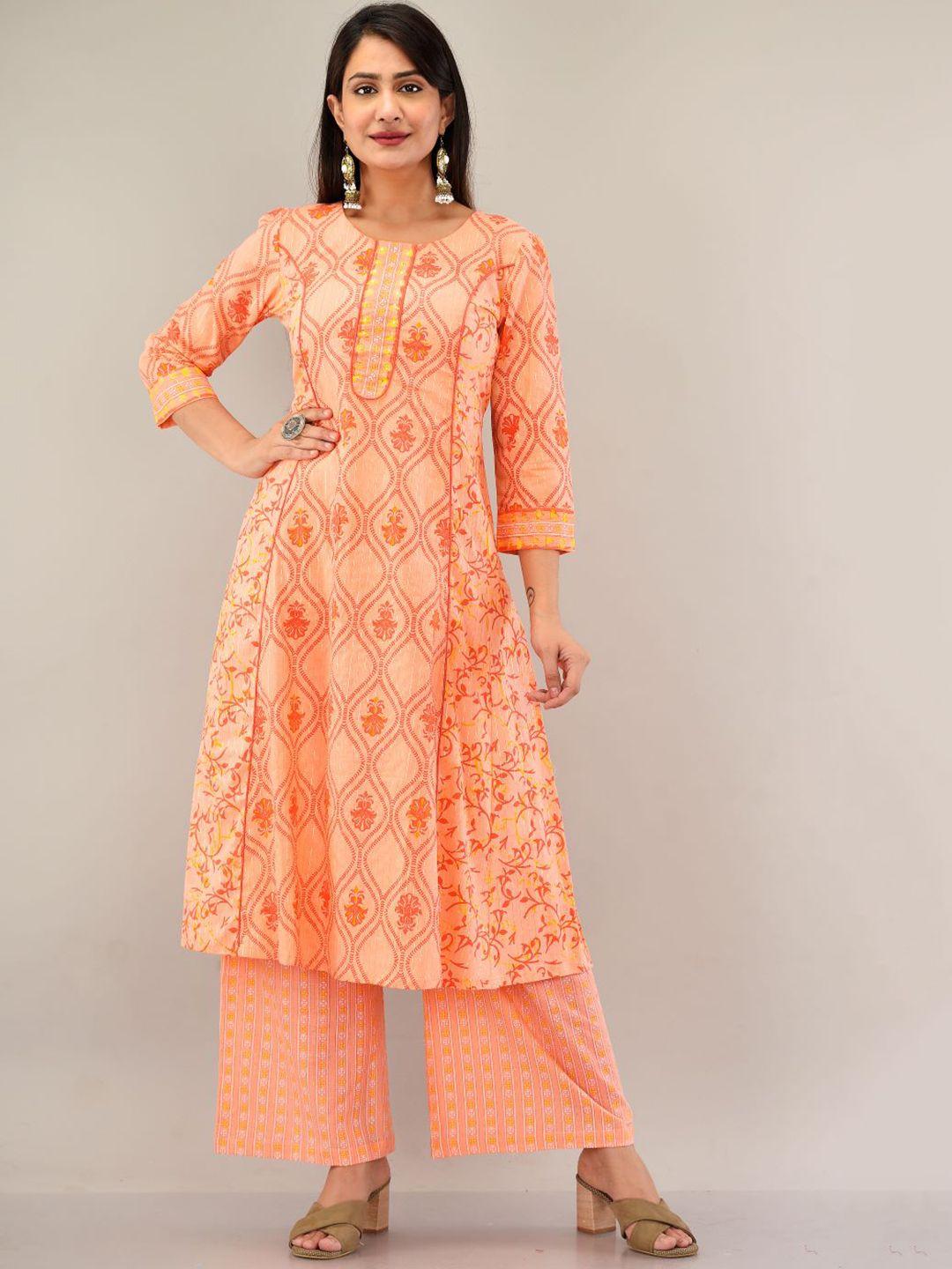 prakrtee women coral ethnic motifs printed panelled pure cotton kurti with palazzo