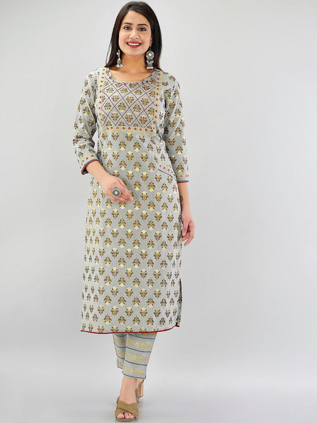prakrtee women grey ethnic motifs printed pure cotton kurta with trousers