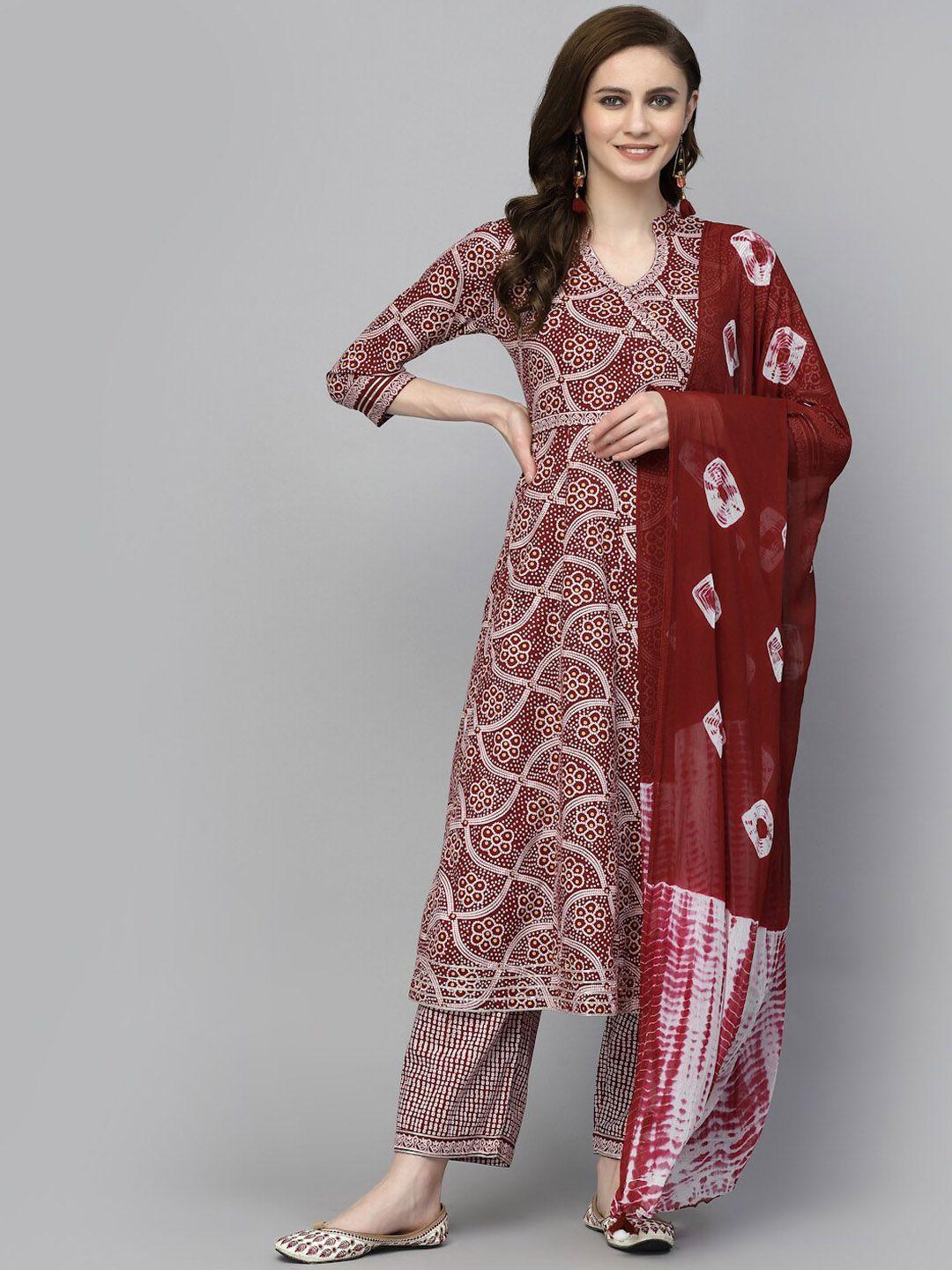 prakrtee women maroon bandhani printed angrakha sequinned pure cotton kurta with trousers & with dupatta