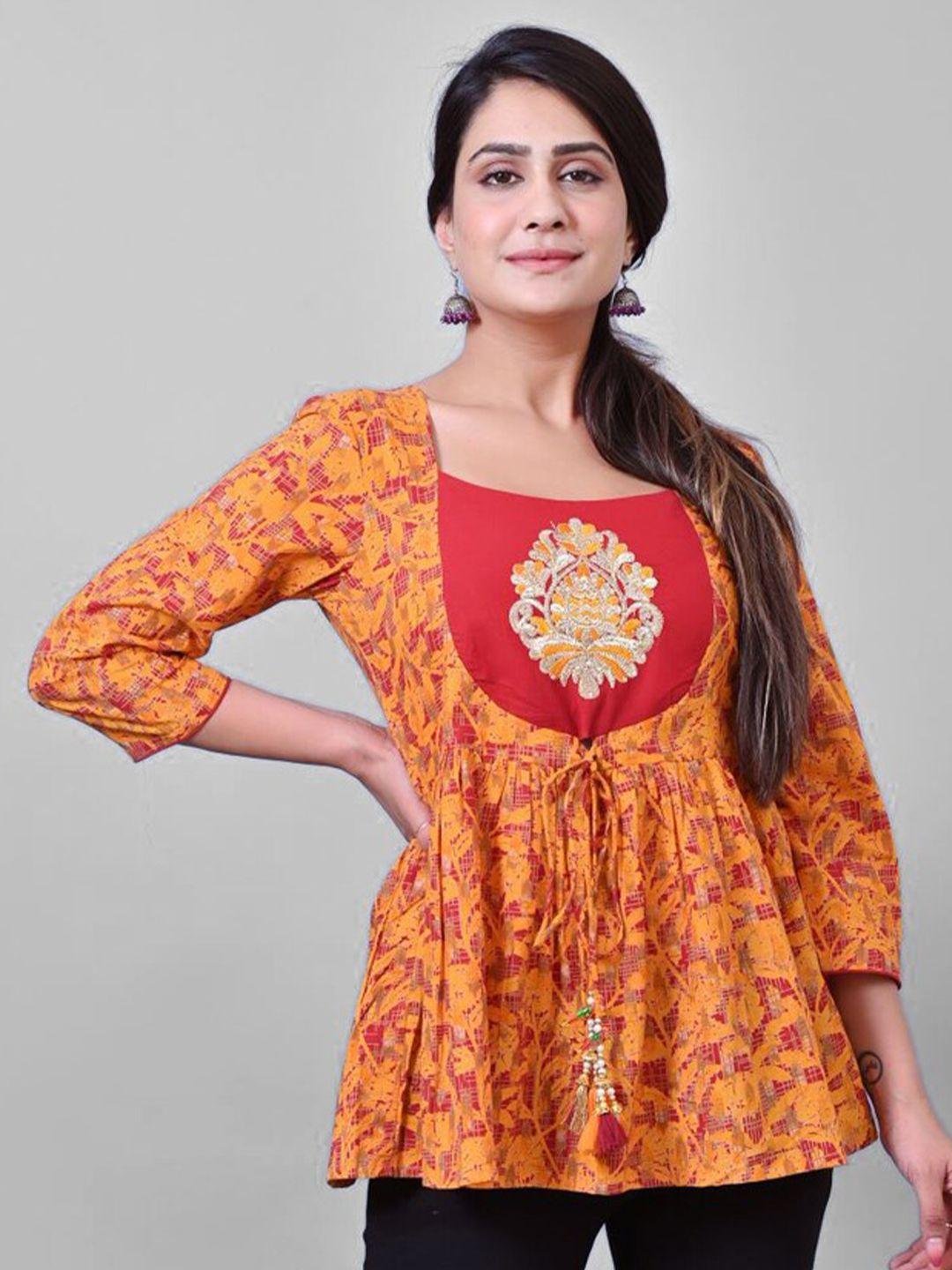 prakrtee women mustard yellow print embroidered  empire top