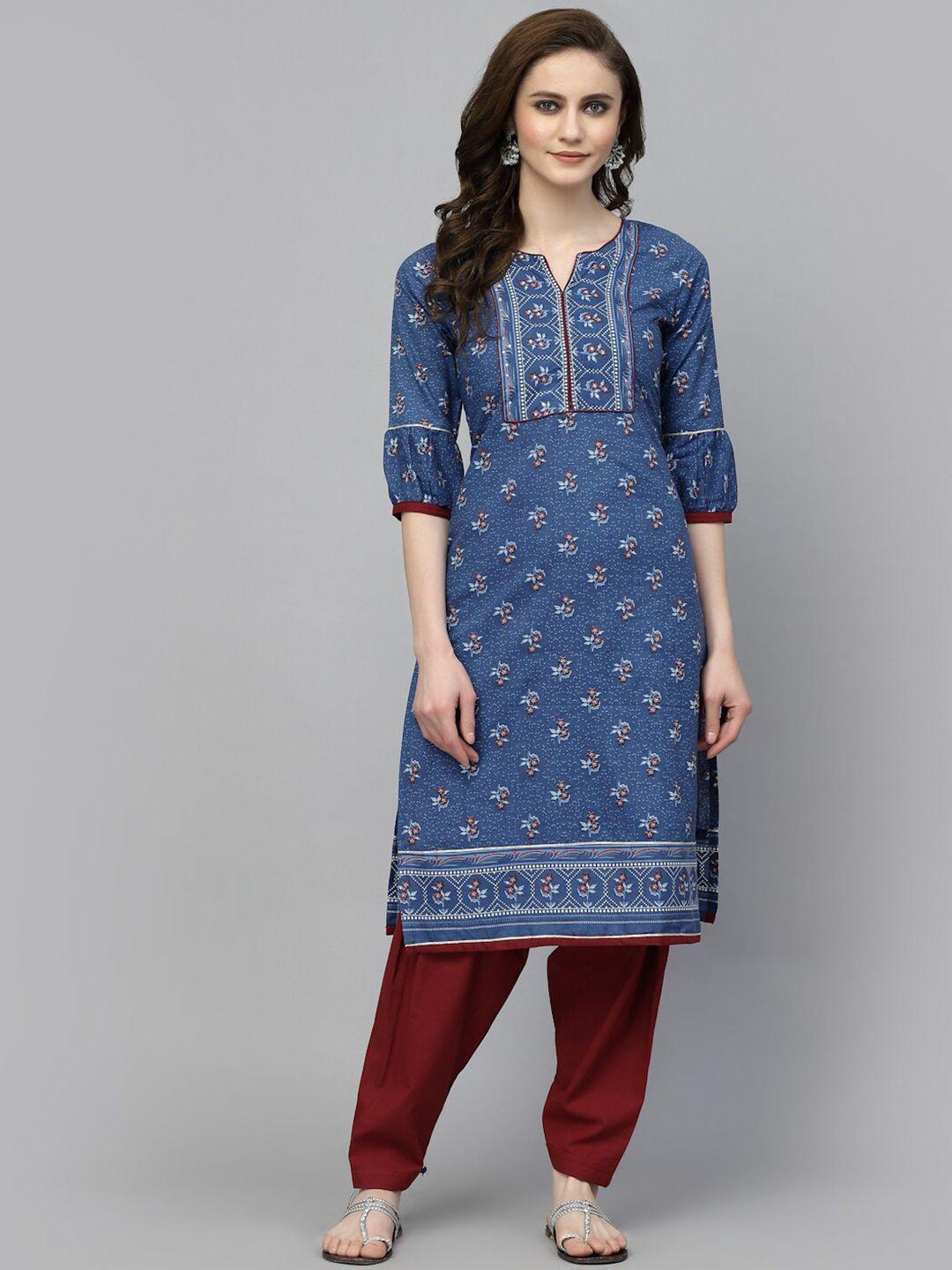 prakrtee women navy blue geometric printed flared sleeves mirror work kurta