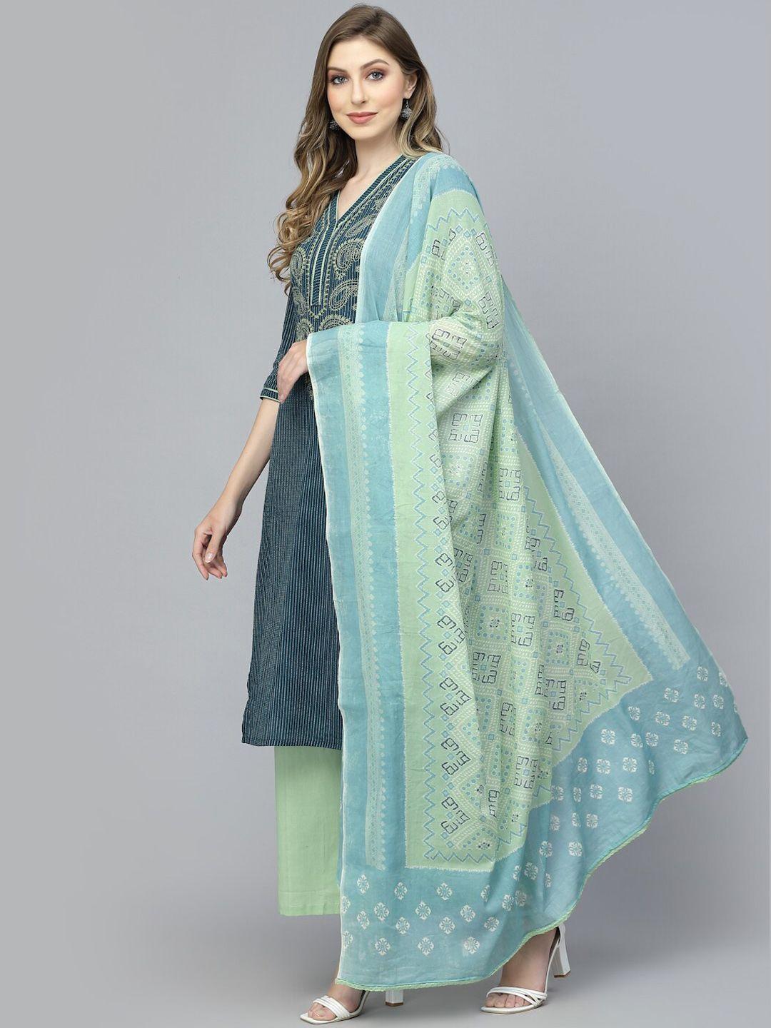 prakrtee women teal embroidered regular thread work pure cotton kurta with palazzos & with dupatta