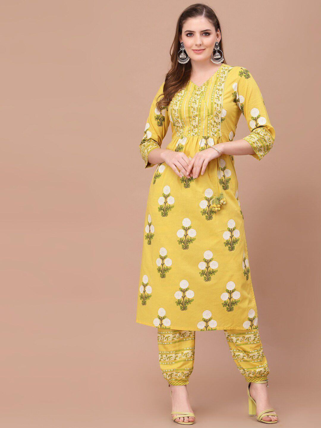 prakrtee women yellow ethnic motifs printed pure cotton kurta with salwar