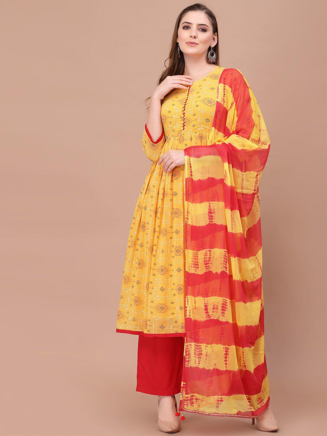 prakrtee women yellow printed pure cotton kurta with palazzos & with dupatta