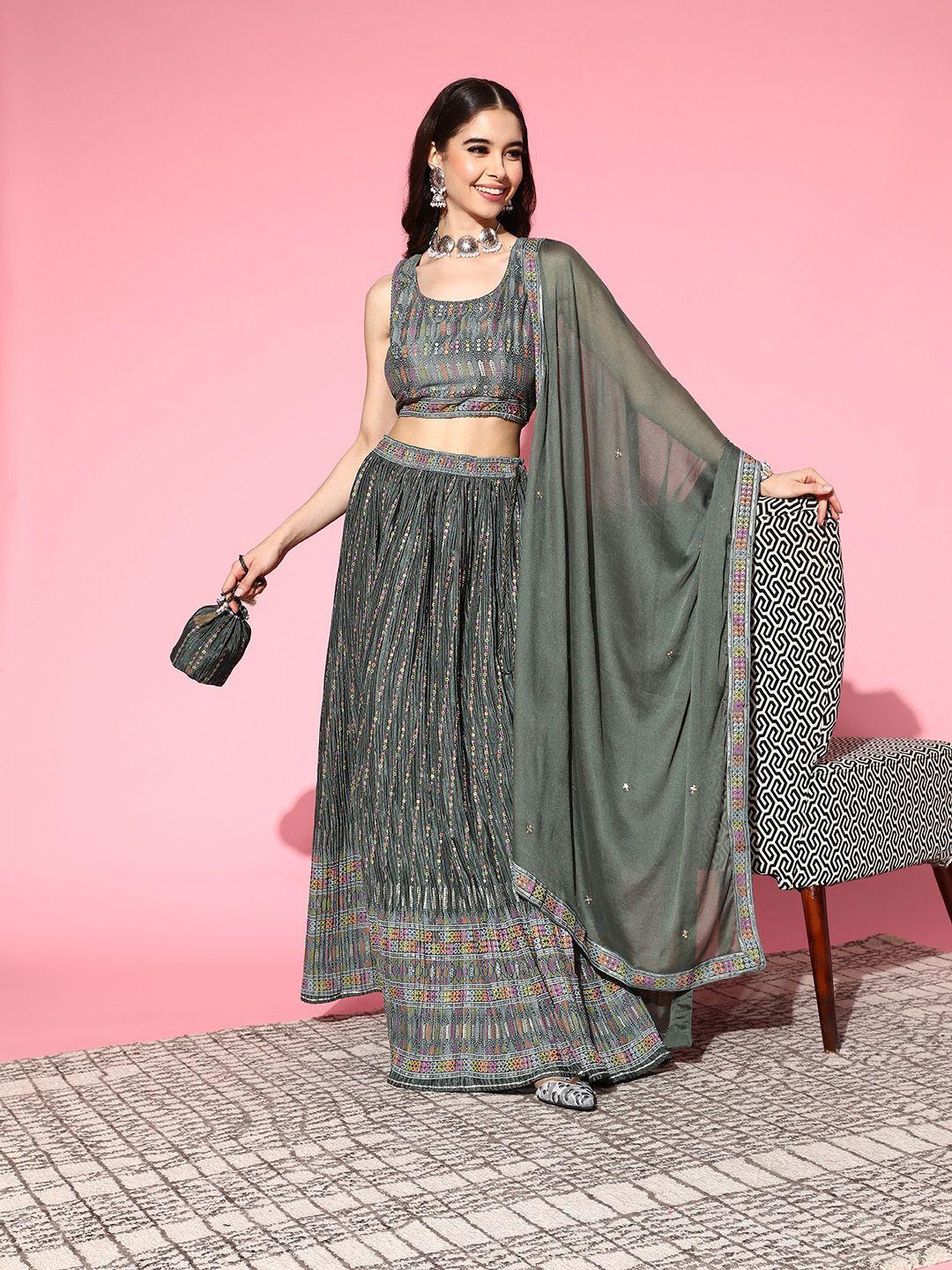 prakrti green & multicoloured printed thread work ready to wear lehenga & blouse with dupatta