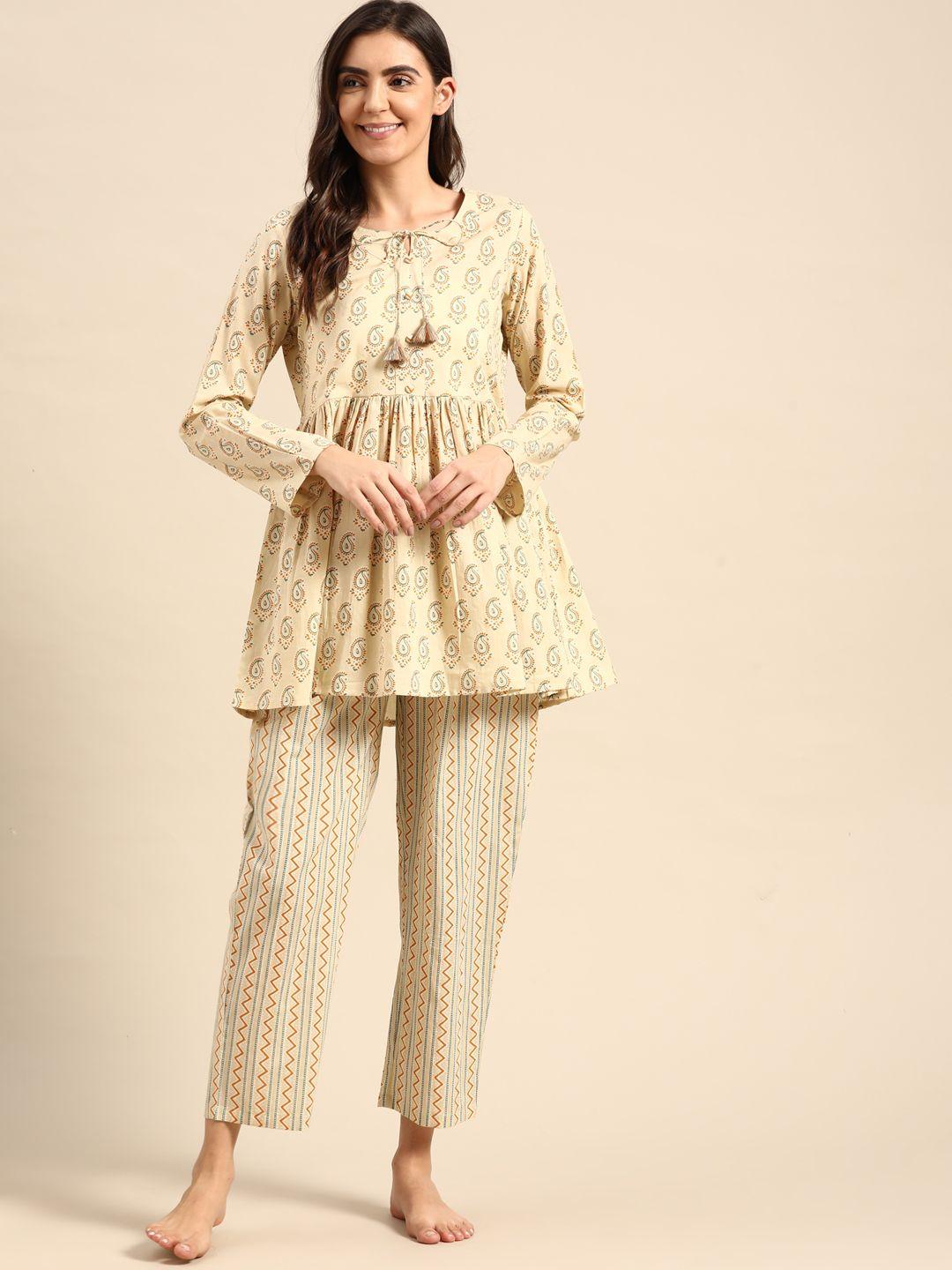 prakrti women beige printed cotton night suit