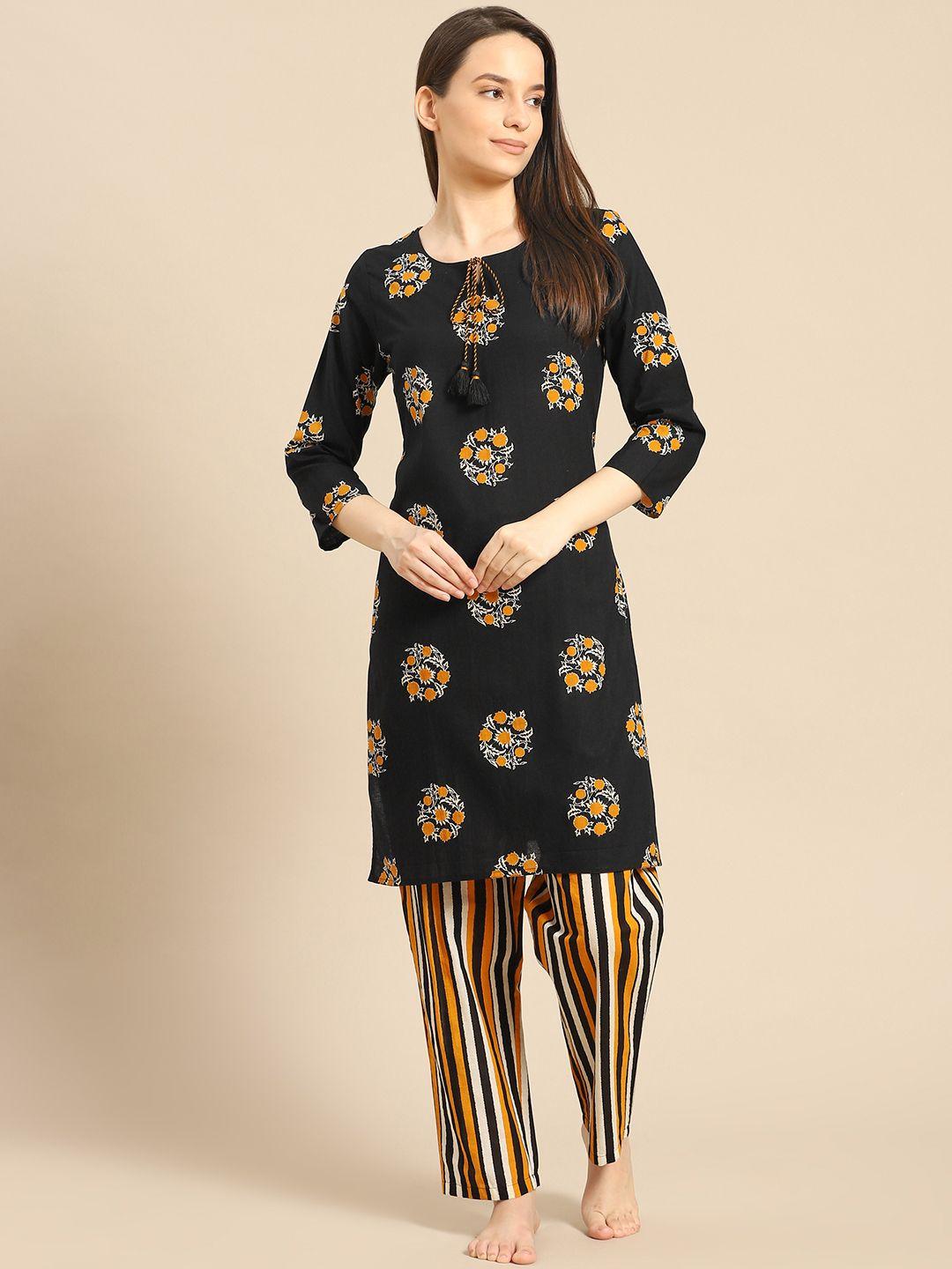 prakrti women black & mustard yellow printed pure cotton night suit