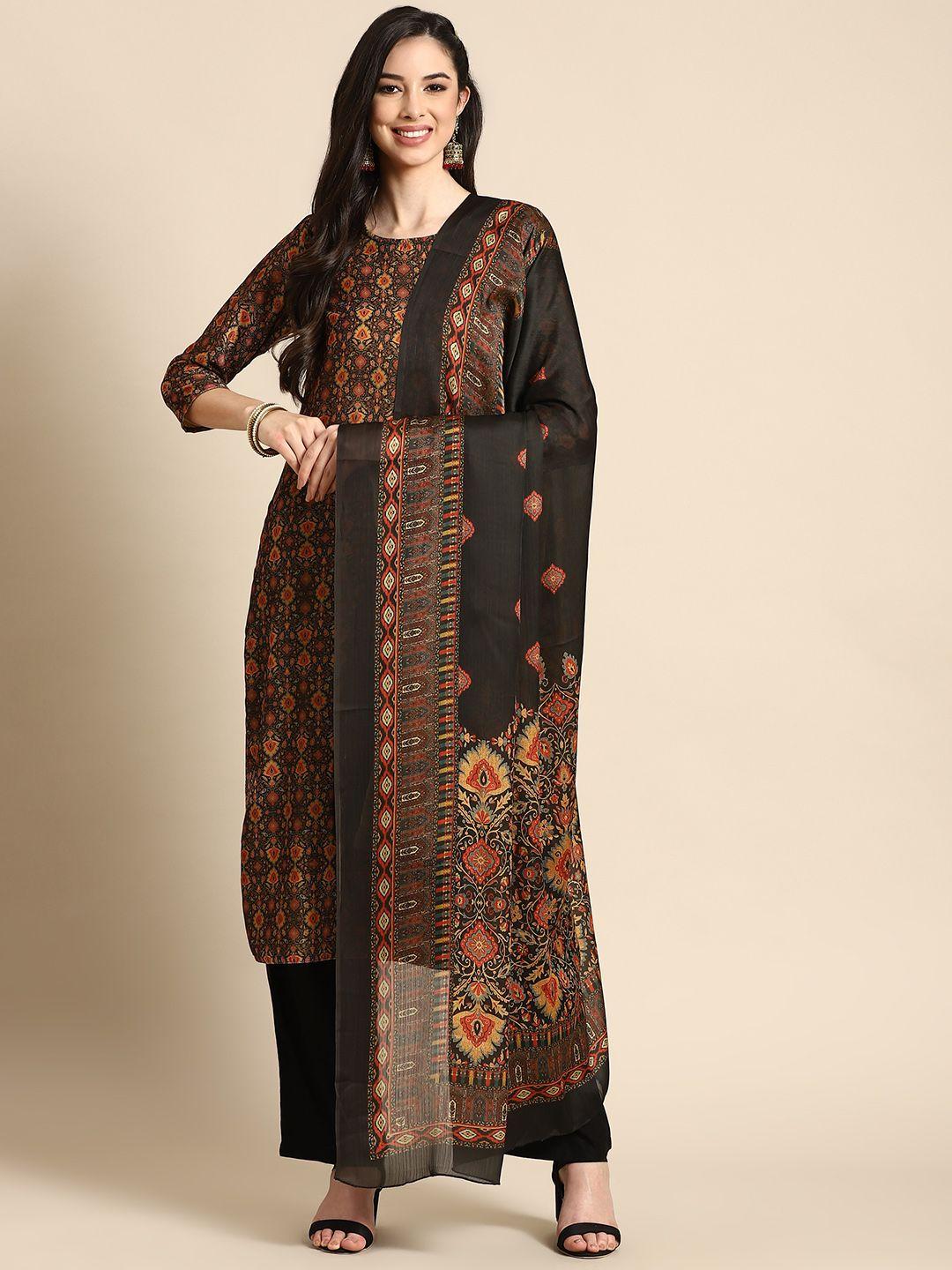 prakrti women black floral printed velvet kurta with trousers & with dupatta