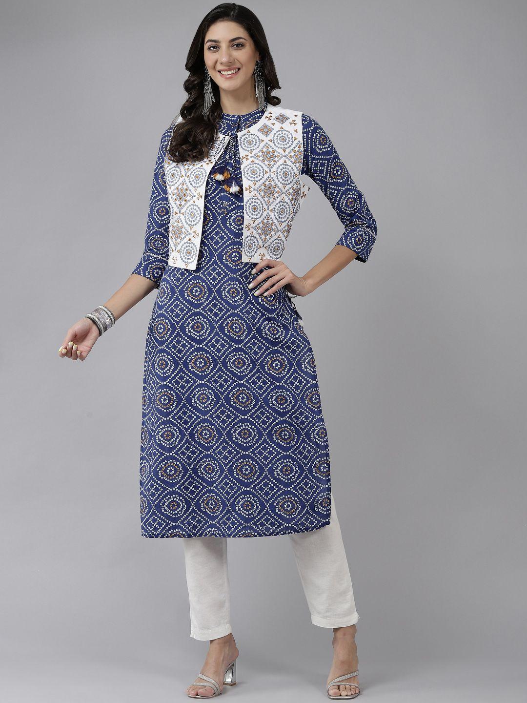 prakrti women blue & white ethnic motifs printed kurta with jacket