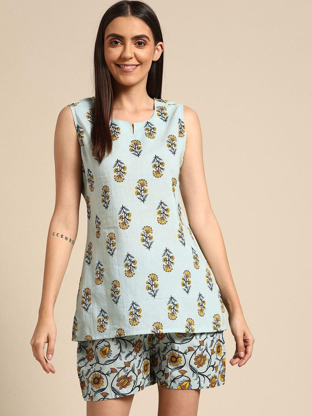prakrti women blue & yellow pure cotton printed shorts set