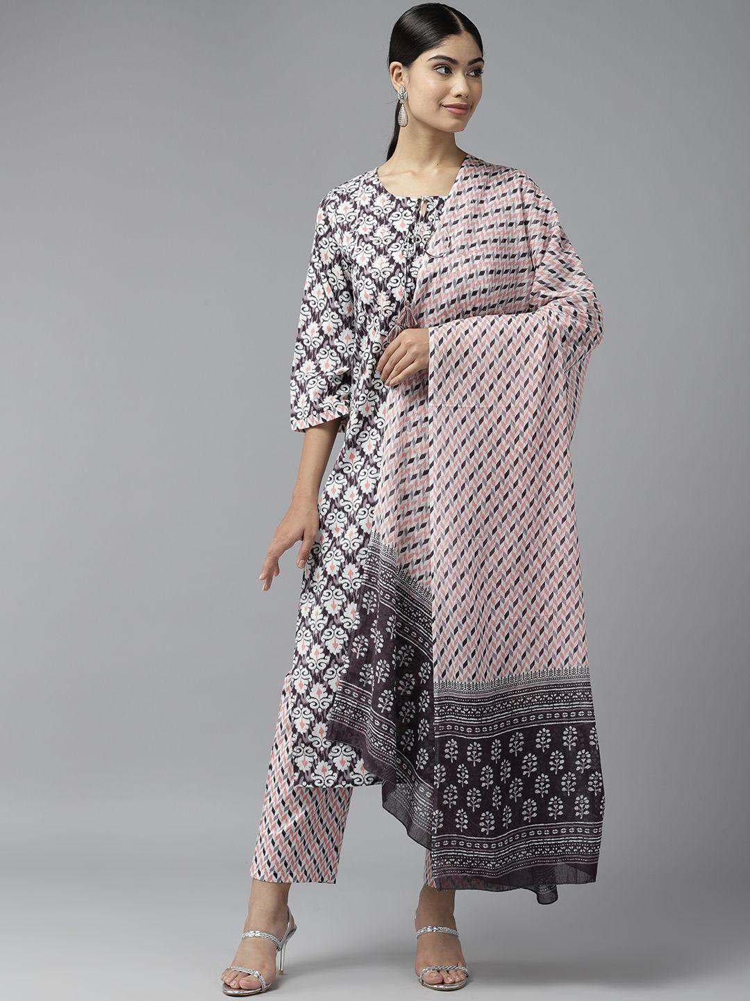 prakrti women ethnic motifs printed regular sequinned cotton kurta with trousers & dupatta