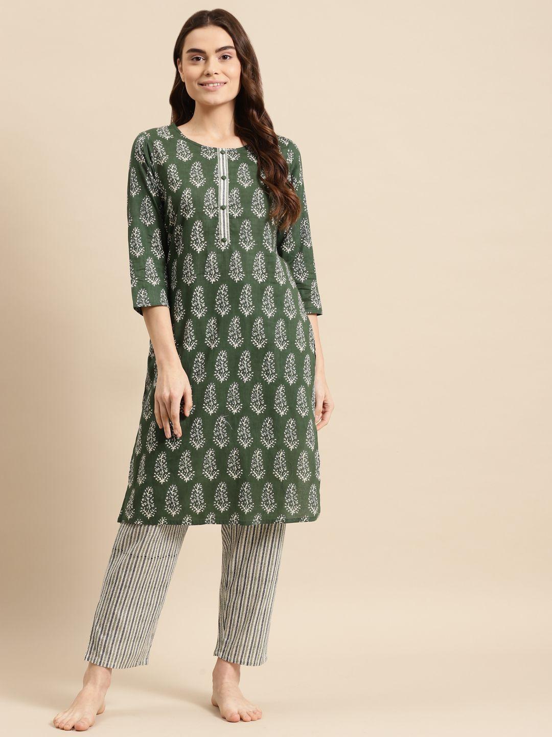 prakrti women green printed cotton night suit
