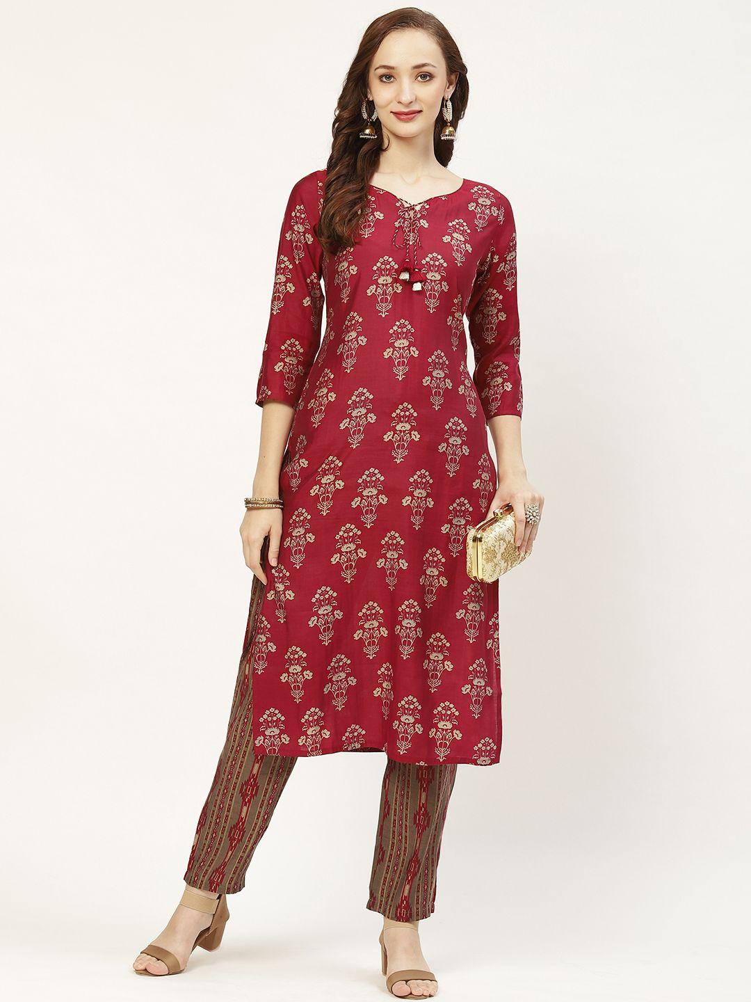 prakrti women maroon & brown floral print straight kurta with trousers