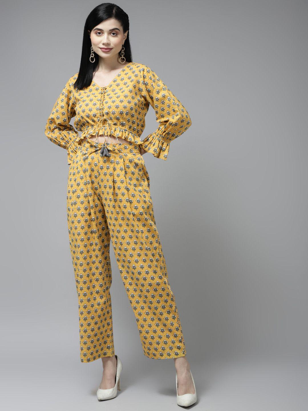 prakrti women mustard yellow & grey ethnic print pure cotton co-ord set