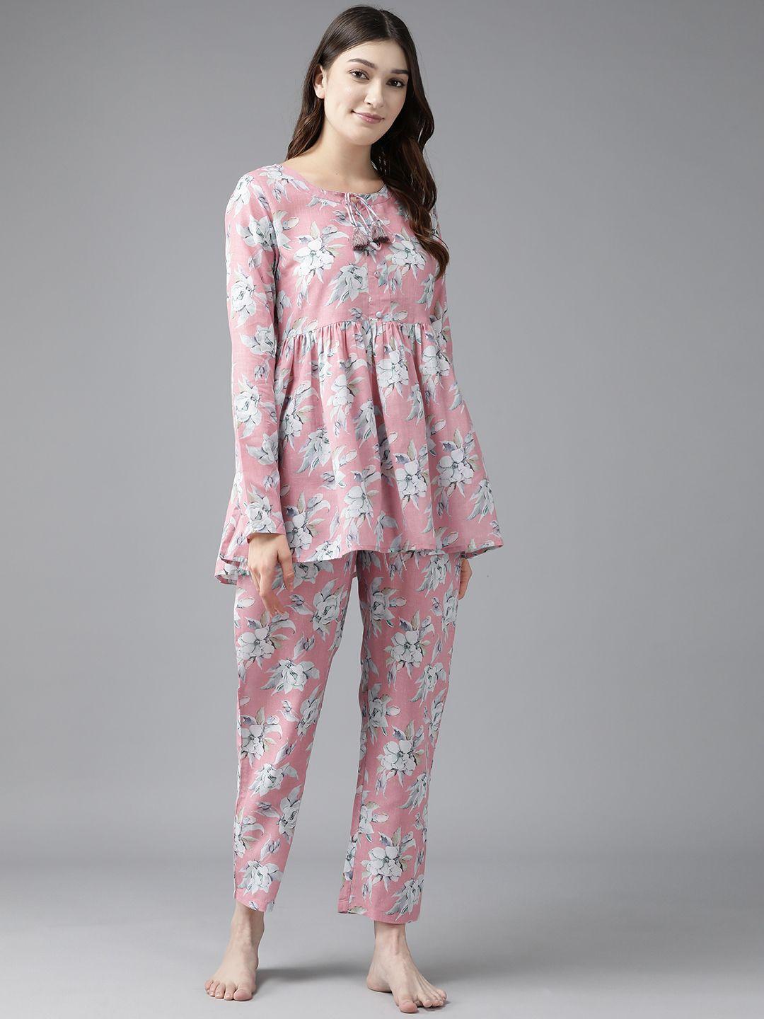 prakrti women pink & white pure cotton floral print night suit