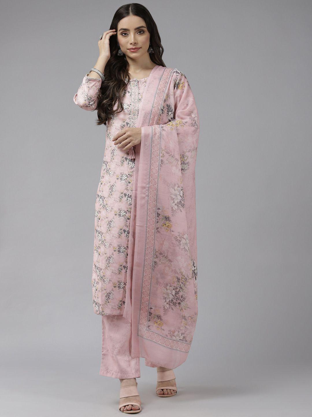 prakrti women pink floral printed gotta patti kurta with trousers & dupatta