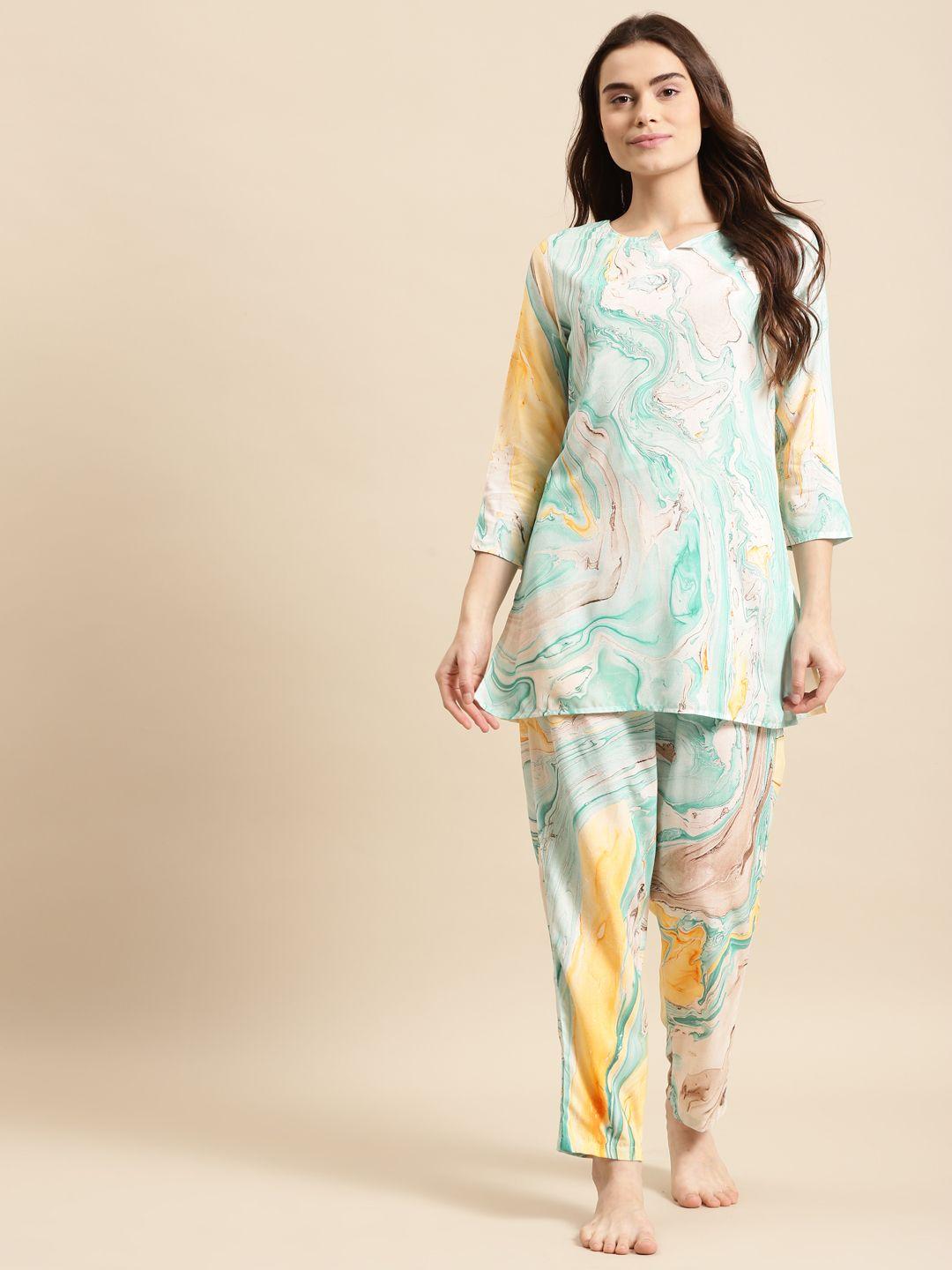 prakrti women turquoise blue & yellow printed cotton night suit