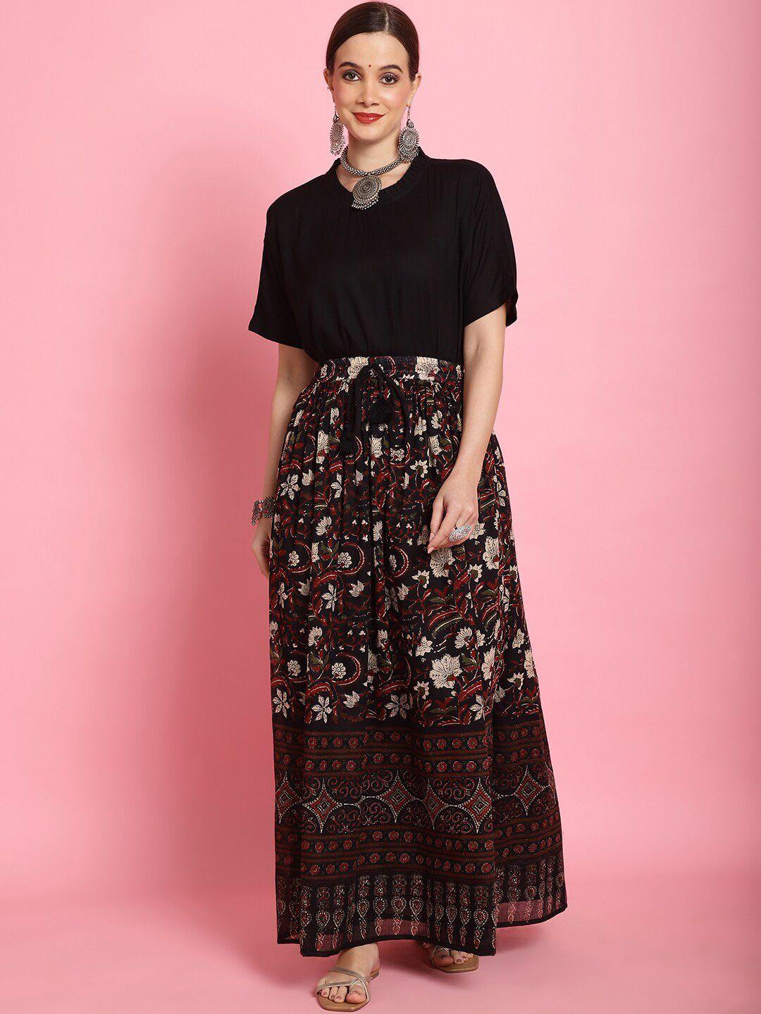 prakrti black & maroon short sleeves top & printed maxi skirt