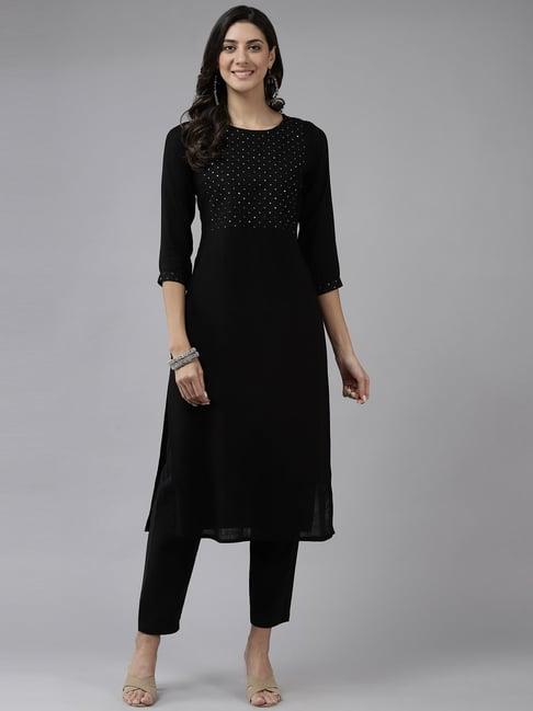 prakrti black embroidered straight kurta