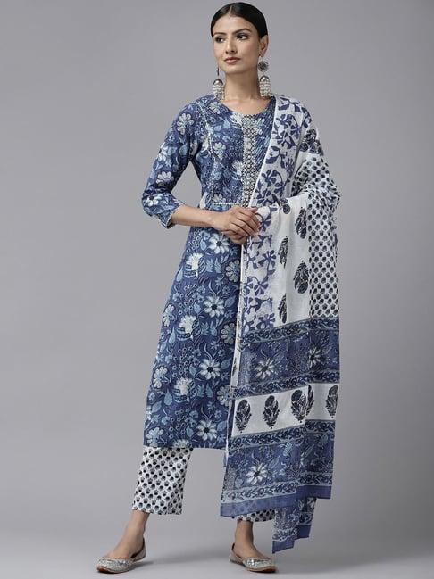 prakrti blue & white cotton printed kurta pant set with dupatta