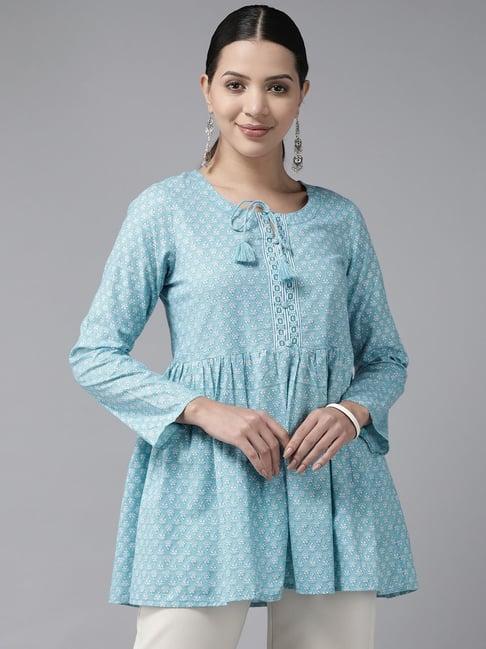 prakrti blue cotton printed fit & flare short kurti