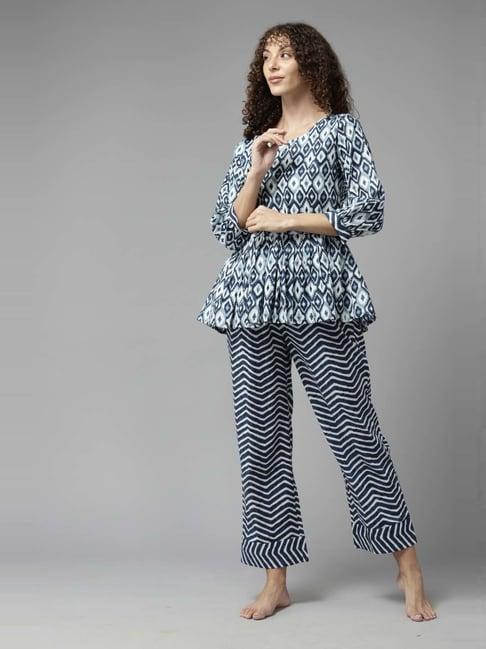 prakrti blue cotton printed top pant set