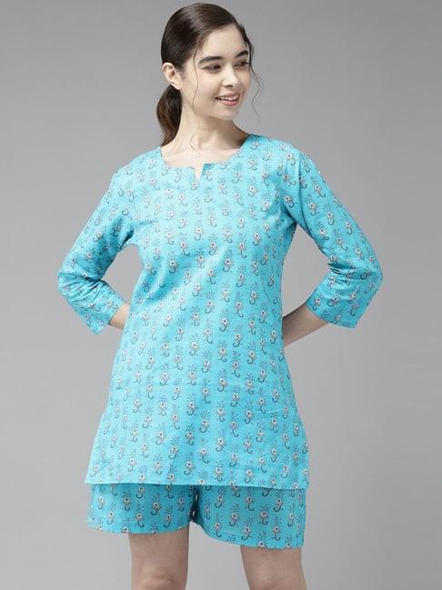 prakrti blue cotton printed top shorts set