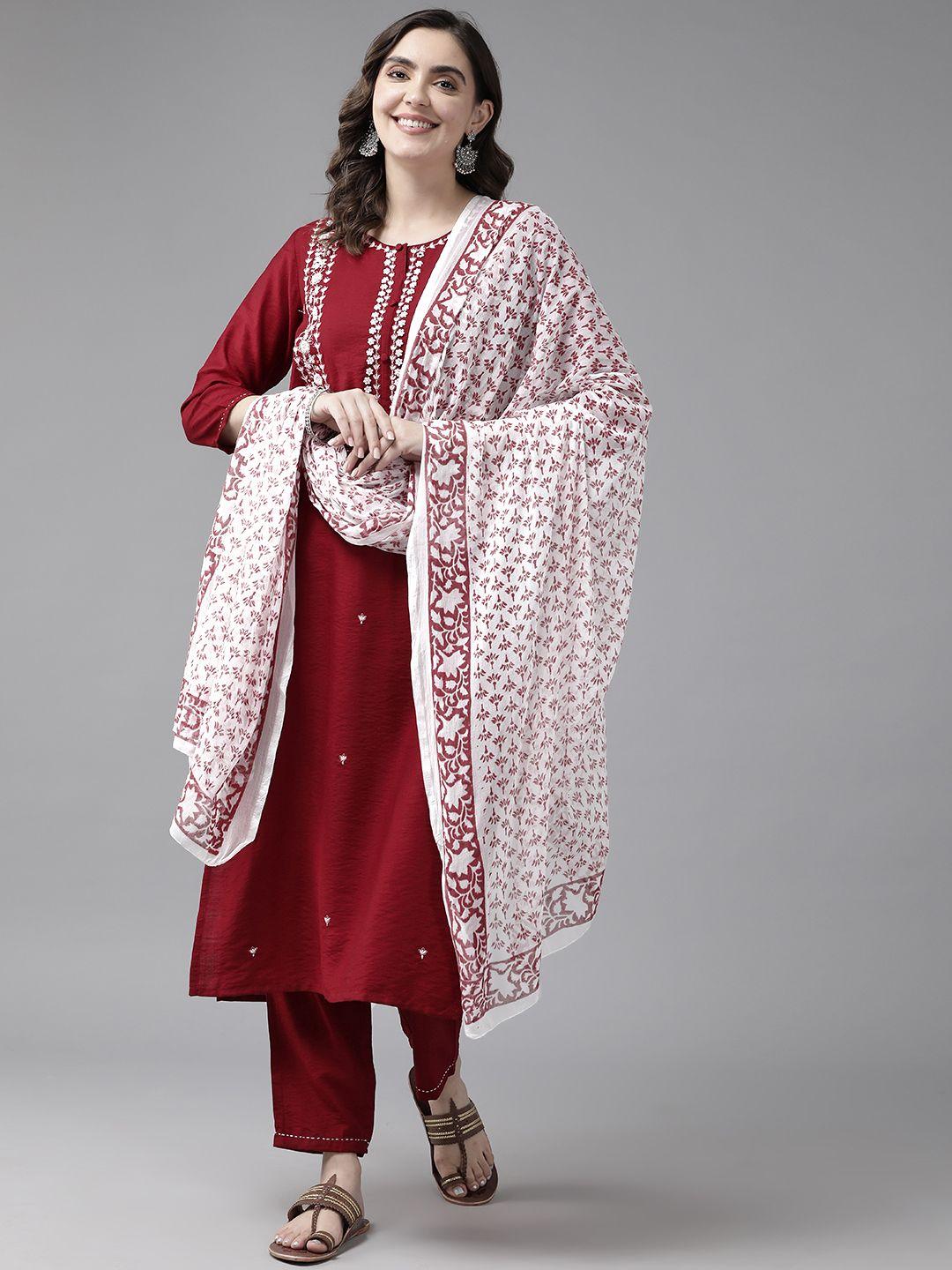 prakrti floral embroidered regular thread work kurta with trousers & dupatta