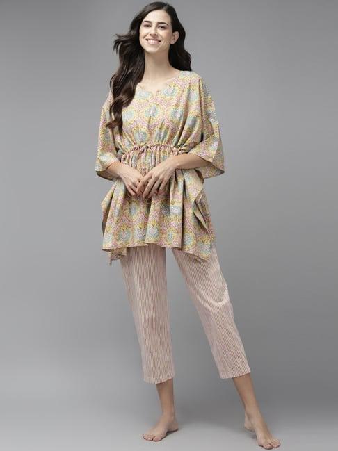 prakrti green cotton printed kaftan pant set