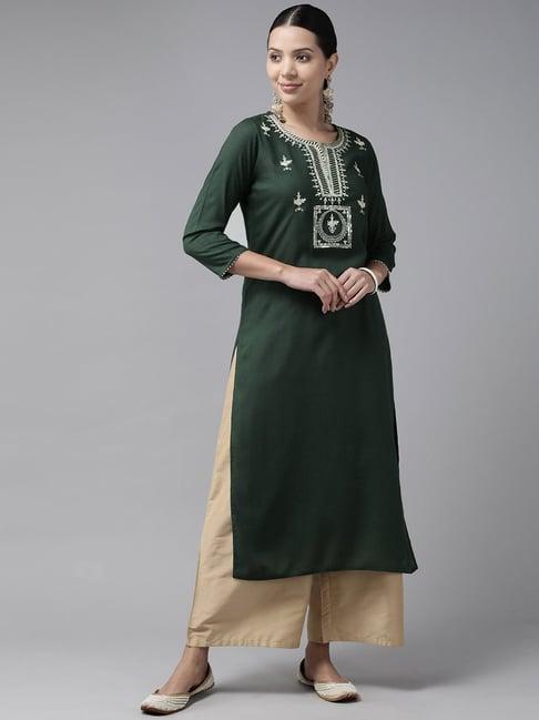 prakrti green embroidered straight kurta