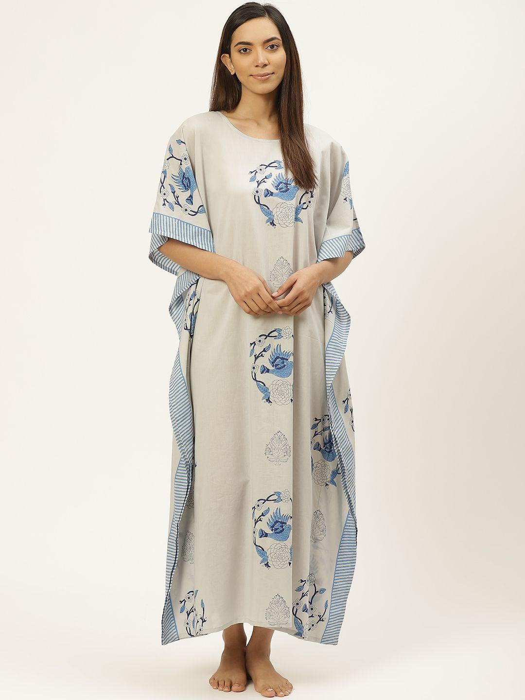 prakrti grey & blue cotton handblock print kaftan sustainable nightdress
