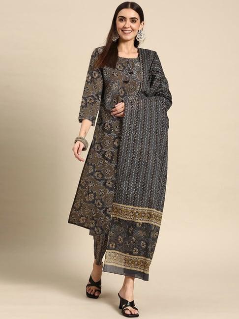 prakrti grey cotton printed kurta pant set with dupatta