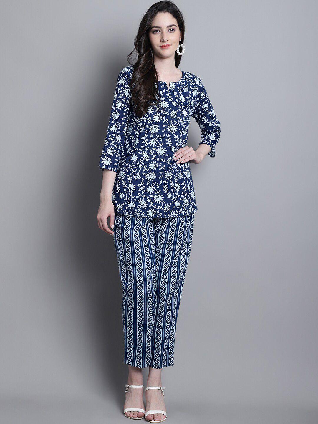 prakrti navy blue floral printed pure cotton tunic with trousers