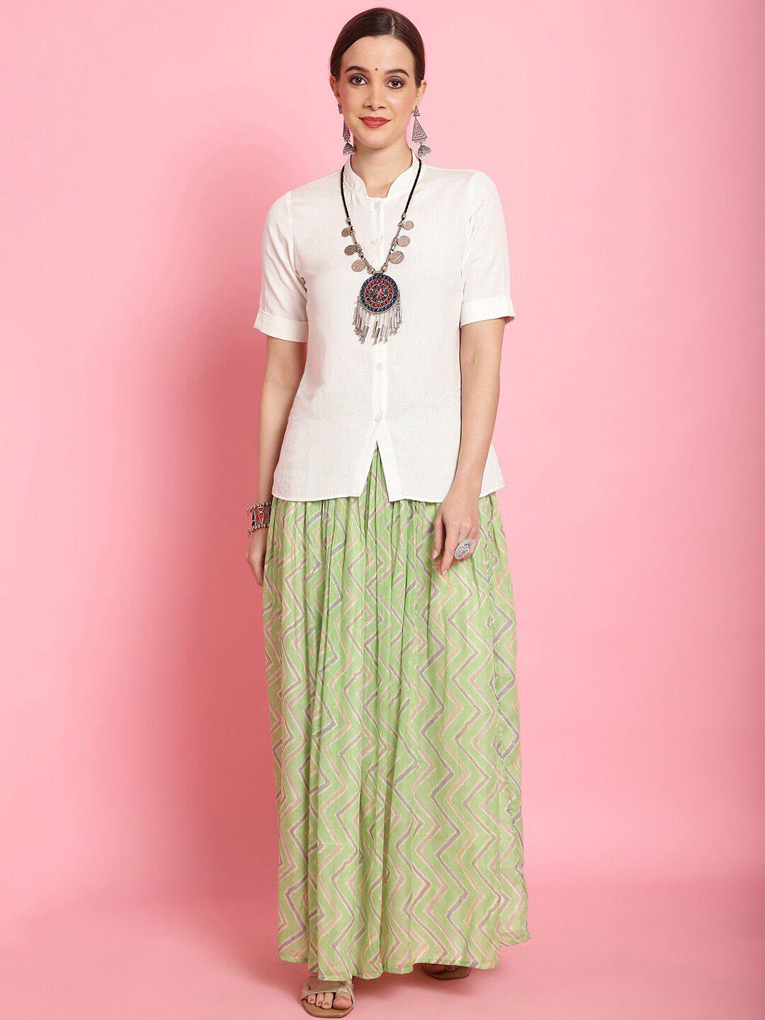 prakrti off-white & green short sleeves pure cotton shirt & printed maxi skirt