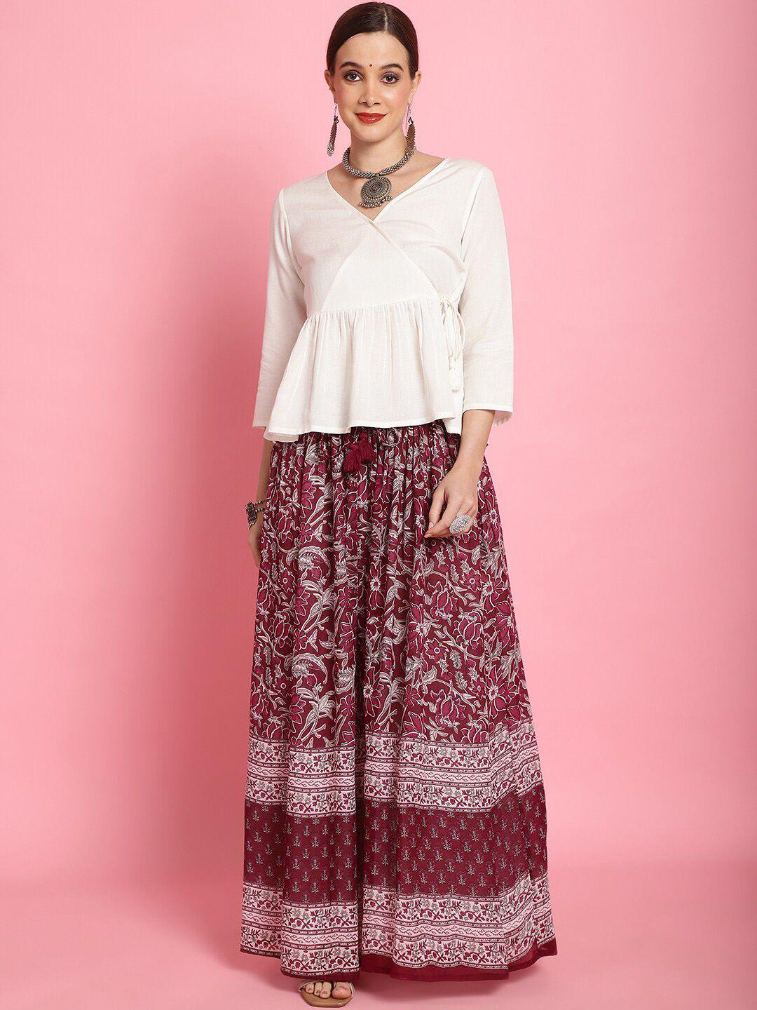 prakrti off-white & maroon pure cotton top & printed maxi skirt