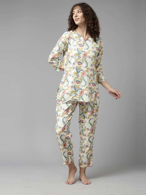 prakrti off-white floral print top pant set