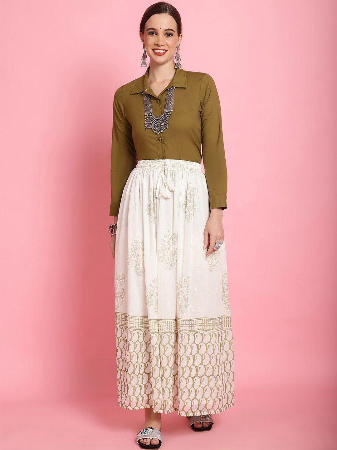 prakrti olive green & white long sleeves pure cotton shirt & block print maxi skirt