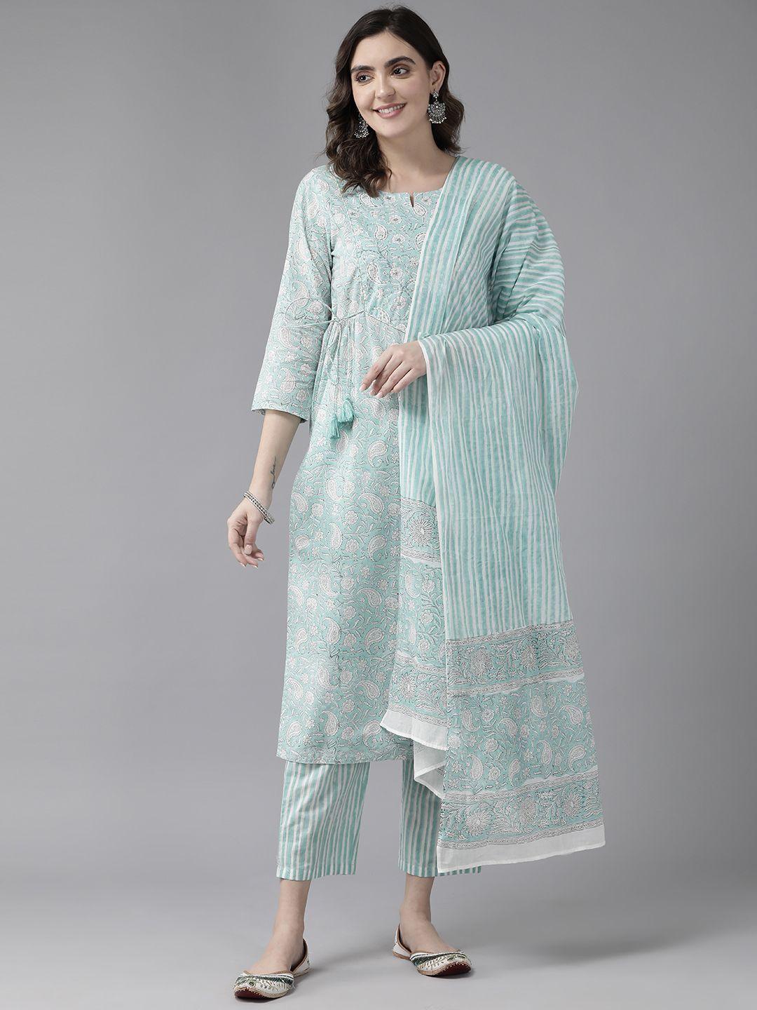 prakrti paisley jaal printed regular sequinned pure cotton kurta with trousers & dupatta