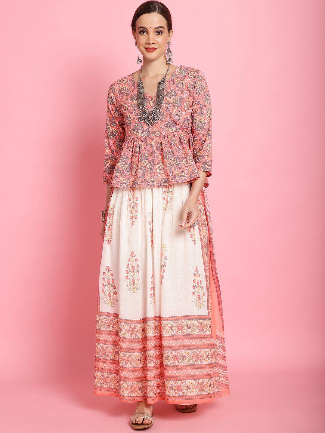 prakrti peach-coloured & white floral printed pure cotton gathered top & maxi skirt